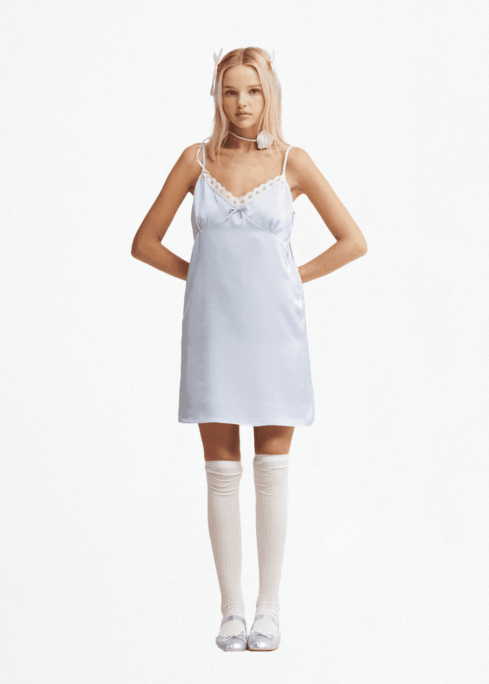 LACE  RIBBBON SLIP DRESS_SKYBLUE