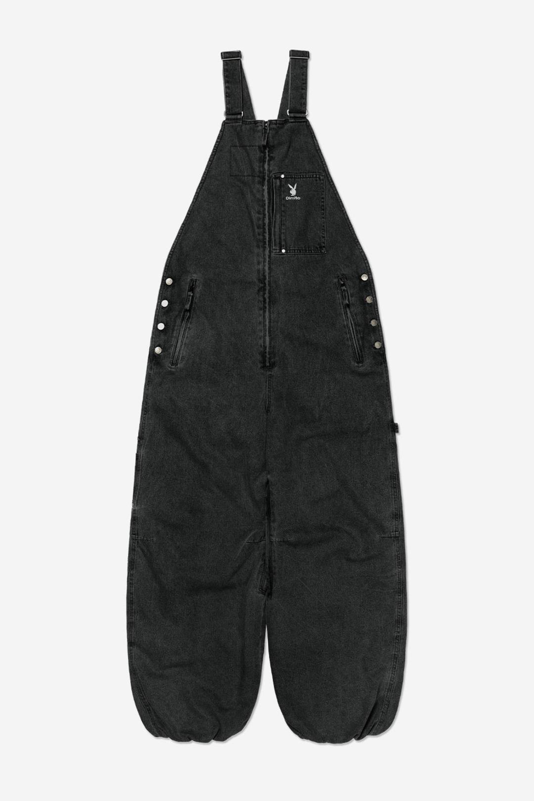 [PLAYBOY x DIMITO] STITCHED TRUCKER BIB DENIM PANTS (WIDE FIT LV.1) WASHED BLACK