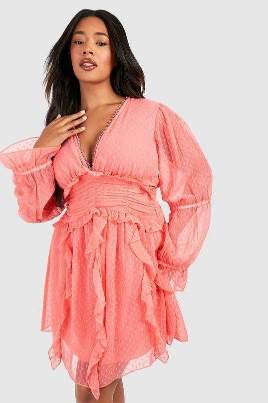 Plus Dobby Mesh Long Sleeve Plunge Mini Dress