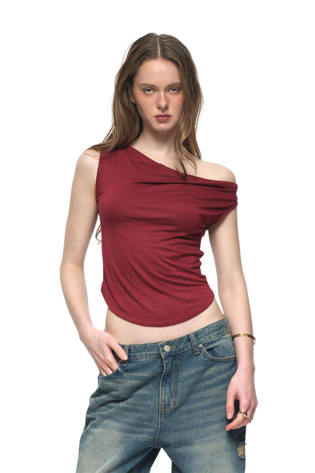 ASYMMETRIC ONE SHOULDER SLEEVELESS TOP (MAROON)