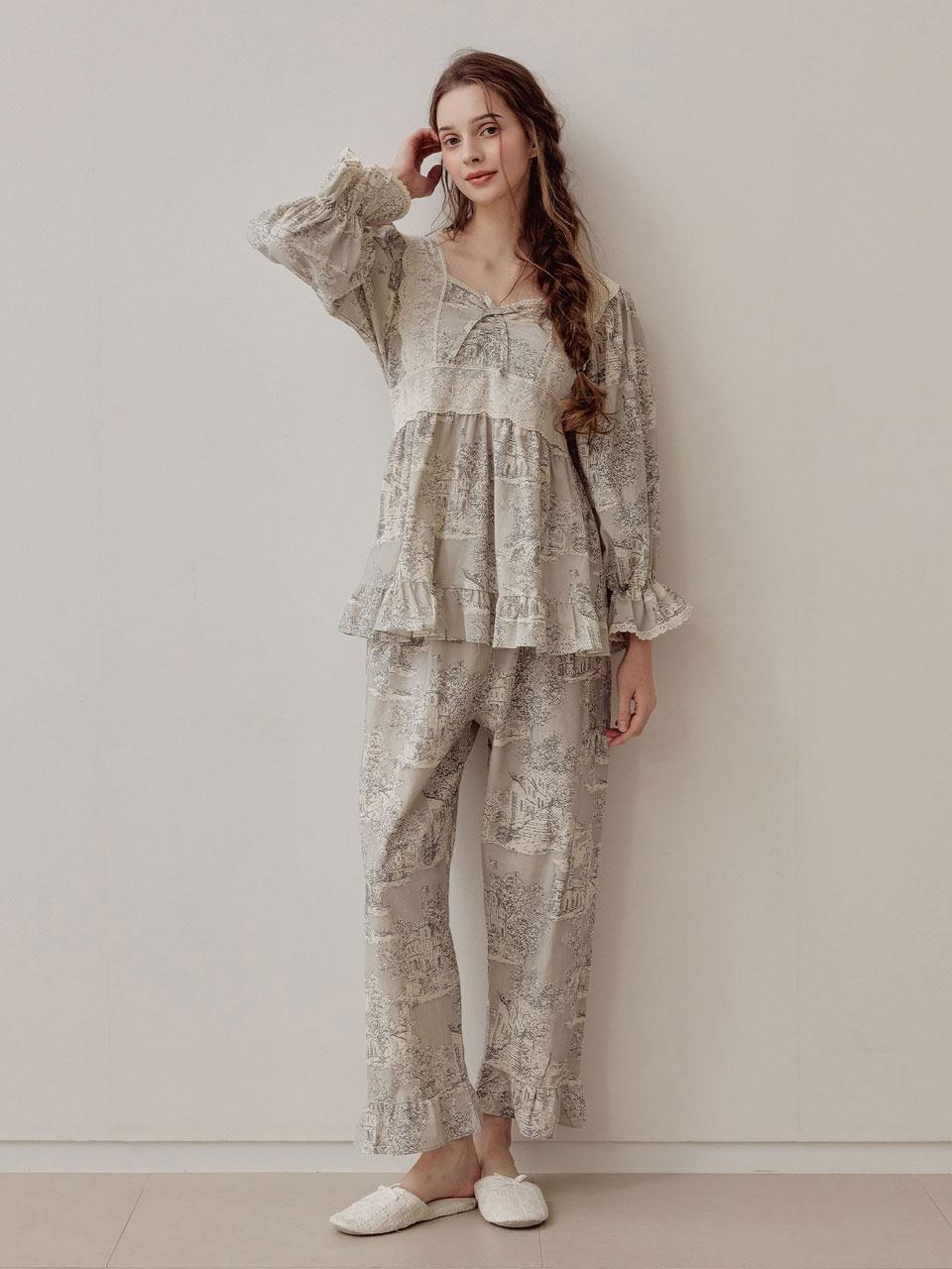 여성 마델 코튼 스퀘어넥 긴소매 투피스 잠옷(2C) 24-06233