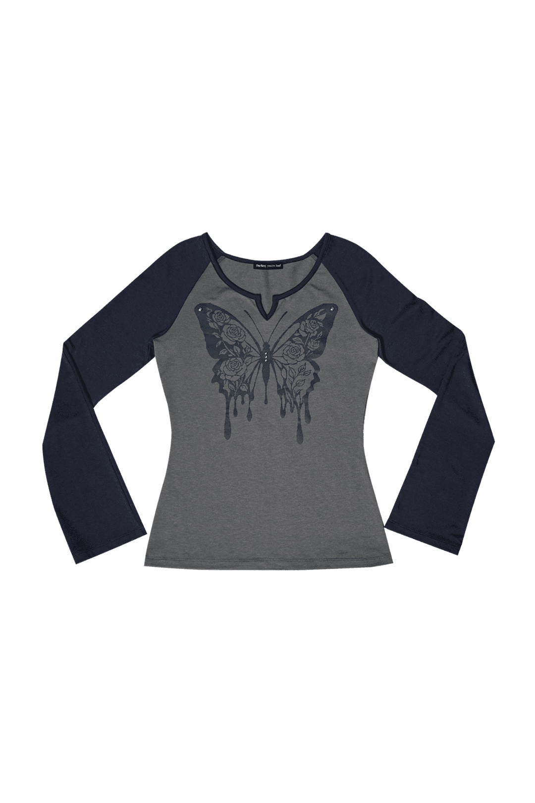 [PRE-ORDER 15% OFF~11.19] ROSE BUTTERFLY RAGLAN T-SHIRT #NAVY GRAY (11.19 출고) | 달링유어배드