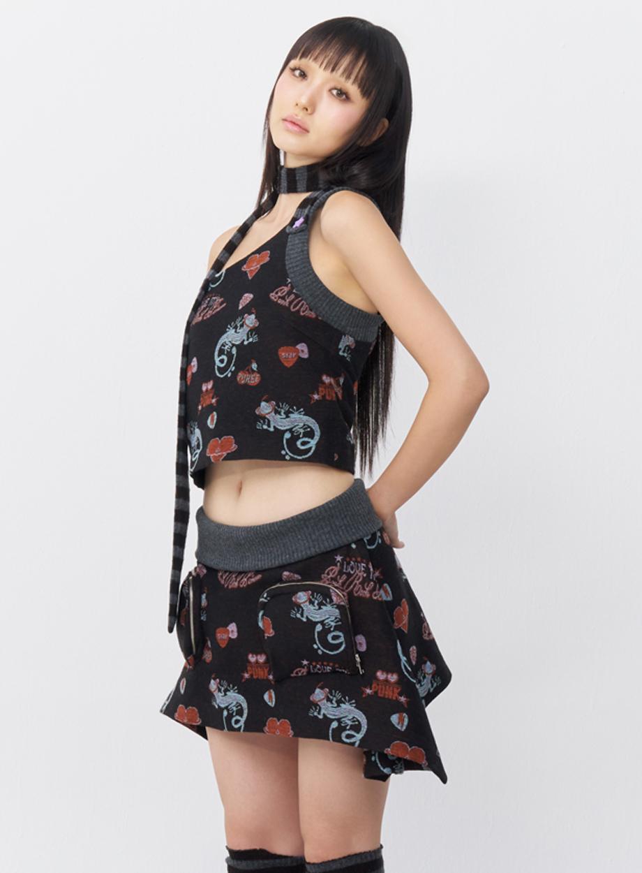 Punky lizard jacquard top Black