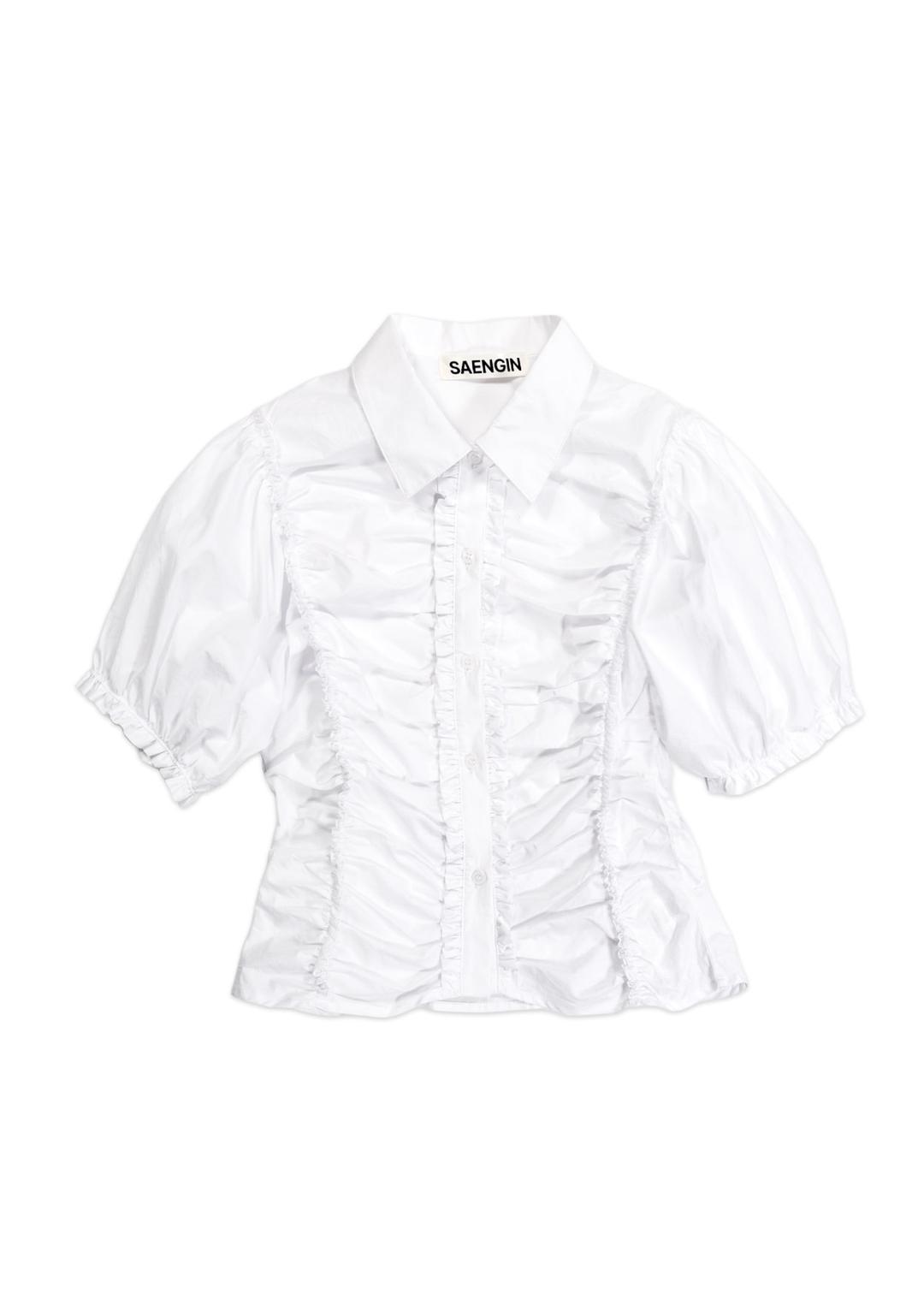 SHIRRING COTTON BLOUSE SHIRT - WHITE