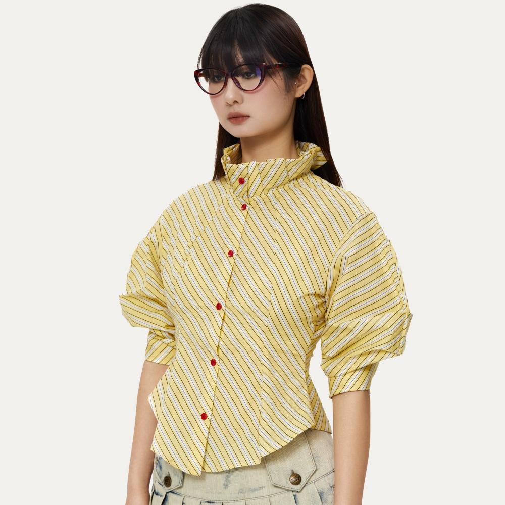 YOSHUYUKI 옐로우 스트라이프 벌룬소매 차이나카라 긴팔 셔츠