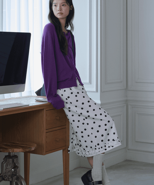 프릴 미디 도트 스커트 화이트