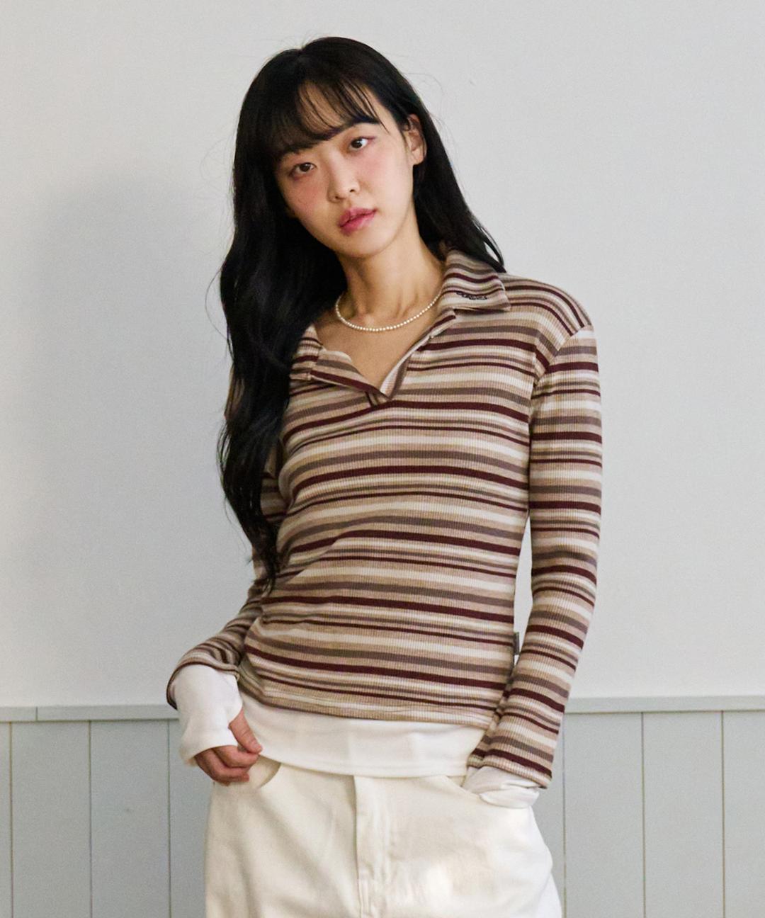 레이어드 스트라이프 카라티 브라운