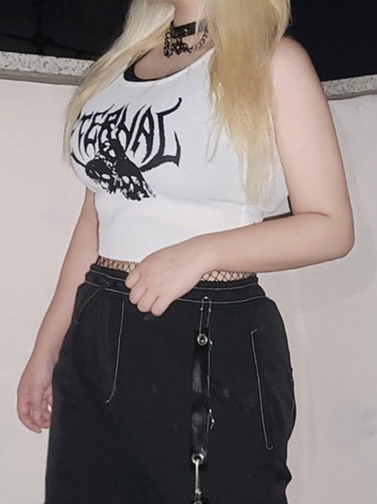 화이트 펑크 해골 크롭탑