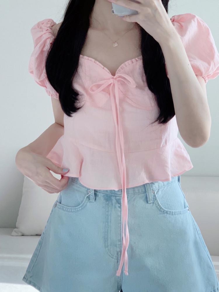 Cocktail ribbon blouse 리본 퍼프 핑크 블라우스