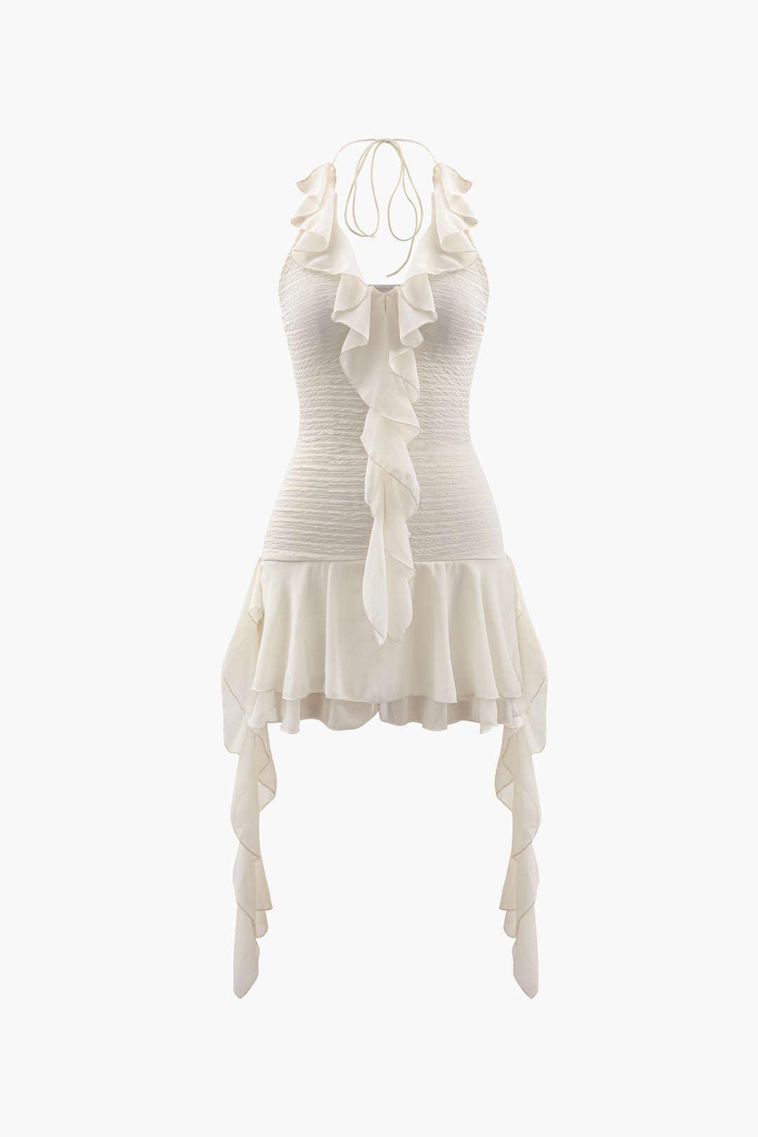 Halter Neck Ruffle Mini Dress - BEIGE / XS
