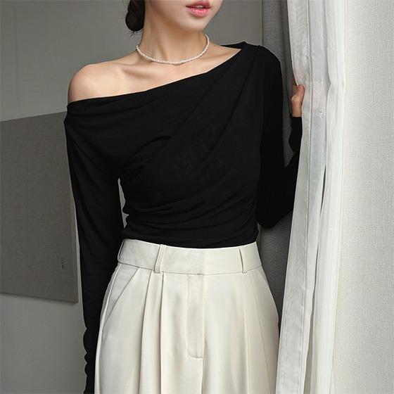 [여리한긴팔오프티셔츠] 여리 오프숄더 셔링 드레이프티 (보트넥,하객룩,가둘레)
