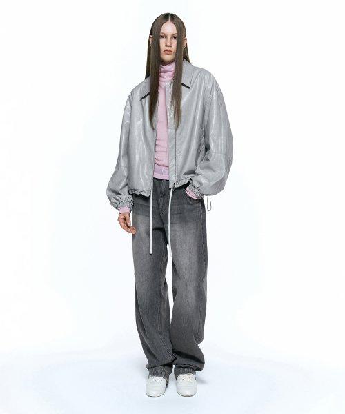 미니멀 비건 레더 오버핏 점퍼 LIGHT GREY