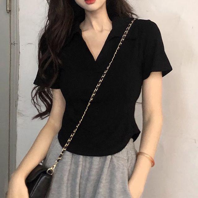 페르소 브이넥 카라 반팔 크롭 티셔츠 - tt27695
