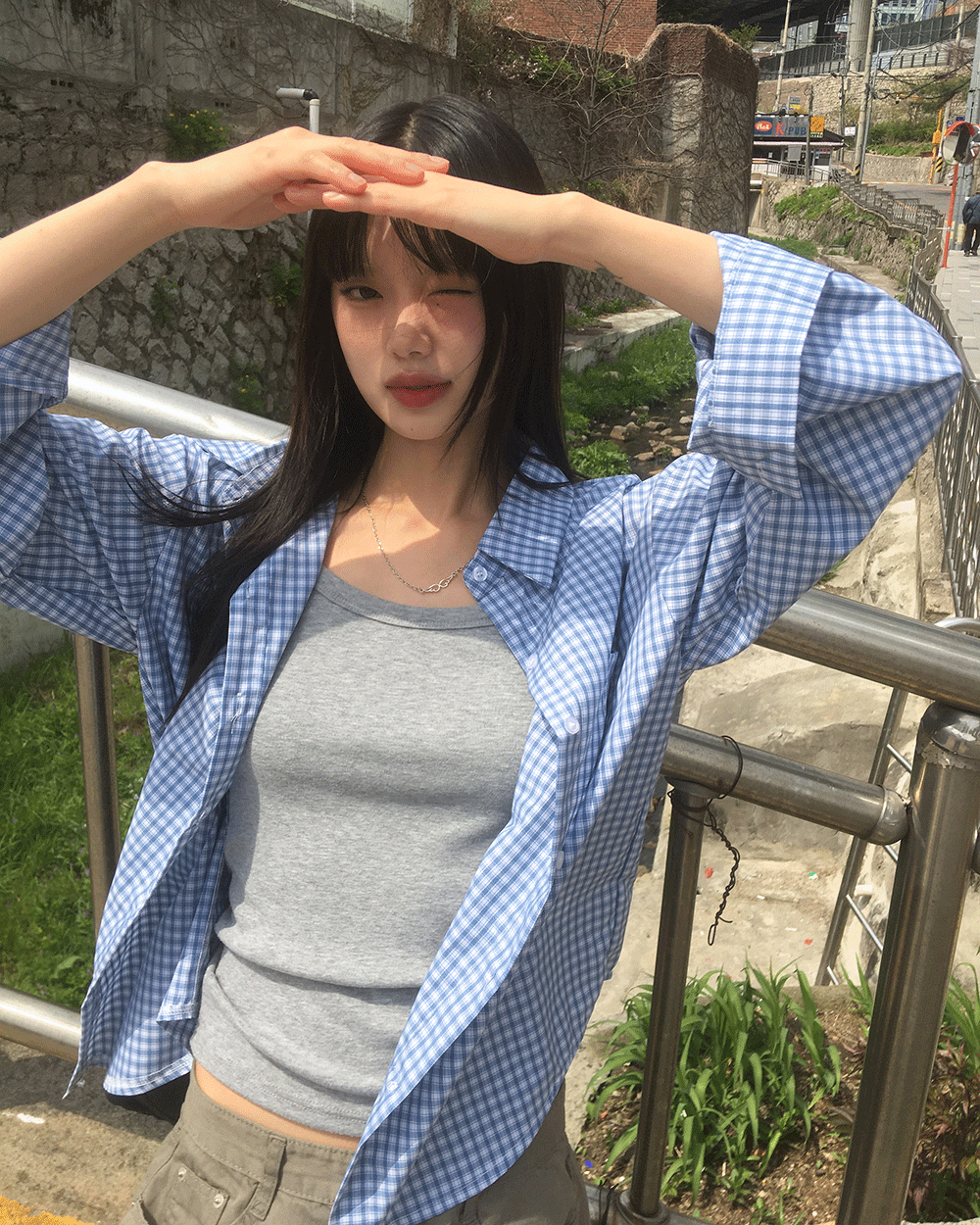 원더원더 [세미오버핏] 린느 레귤러 잔 체크 셔츠