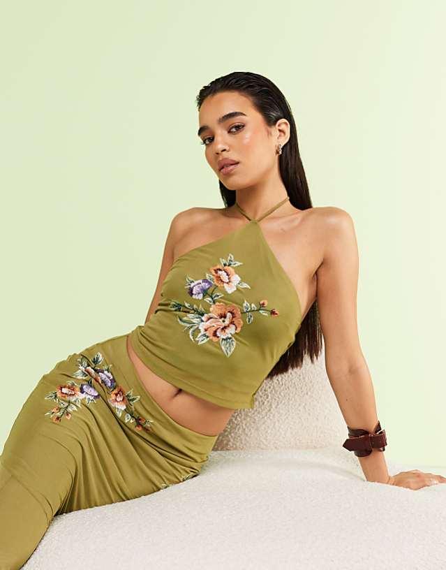ASOS DESIGN co-ord embroidered halter neck top in green