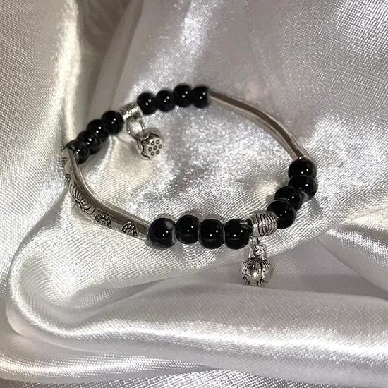오리엔탈 블랙 실버 세라믹 비즈 연꽃 참 팔찌