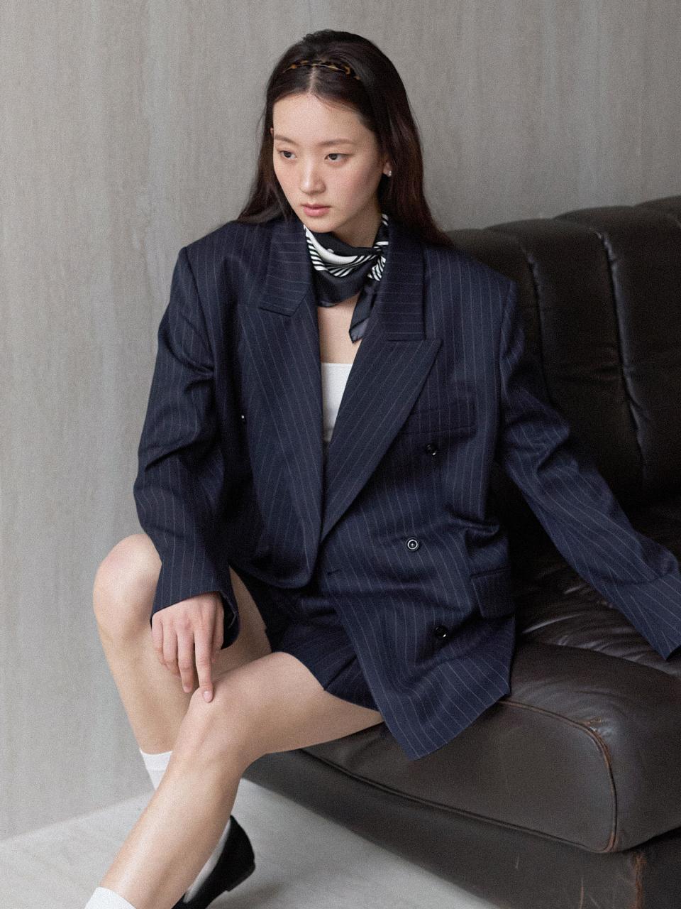 MARCEL double breast oversized picked lapel jacket_Deep Navy Stripes