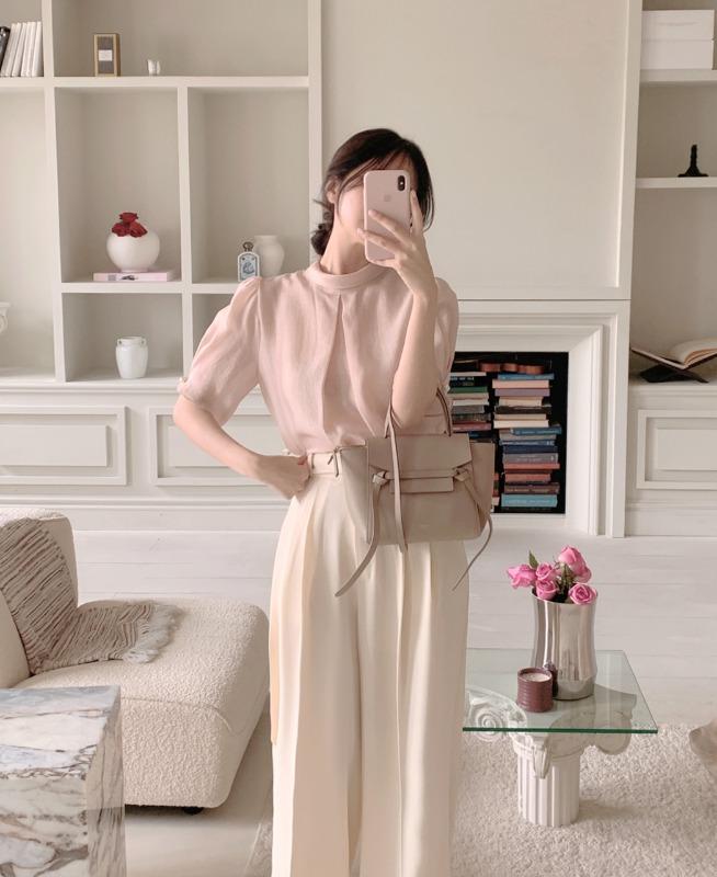 [🌿하객룩/여름블라우스] 플론 하프넥 퍼프 반팔 블라우스