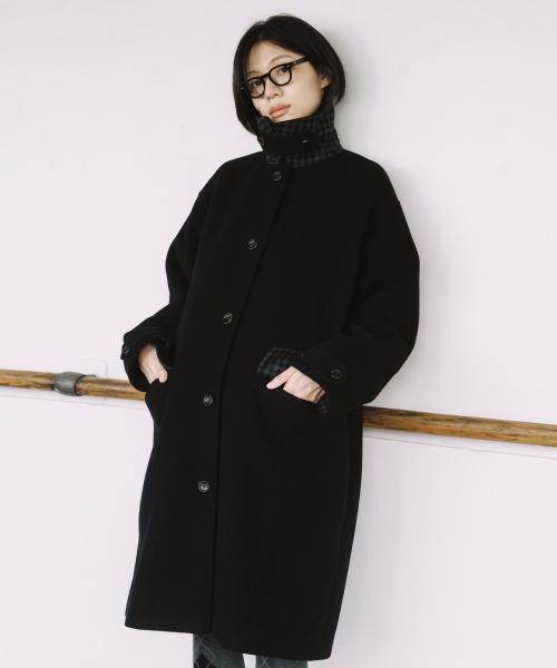 CHECK WOOL LONG COAT, BLACK