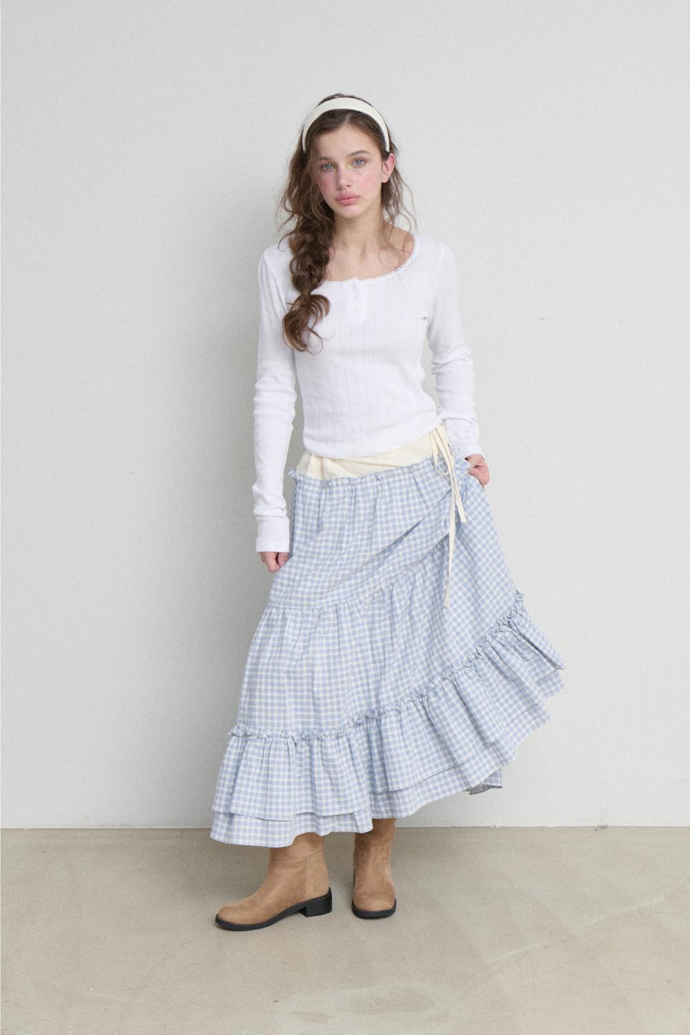CANCAN FRILL SHIRRING LONG SKIRT (CHECK)