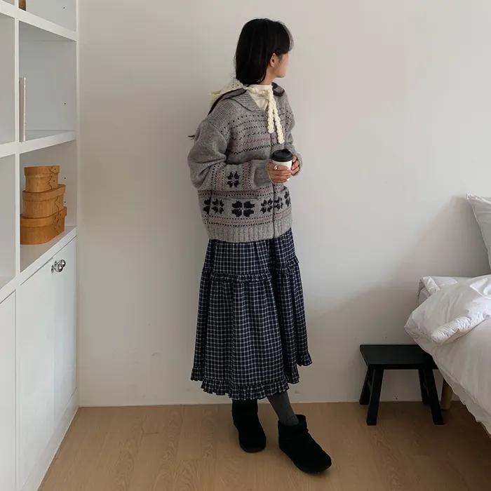 CHECK FRILL LONG SKIRT_NAVY