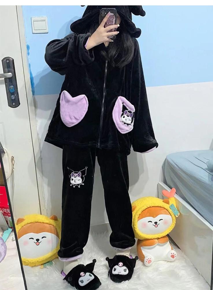 쿠로미 시나모롤 캐릭터 겨울 극세사 잠옷 파자마 의상 세트