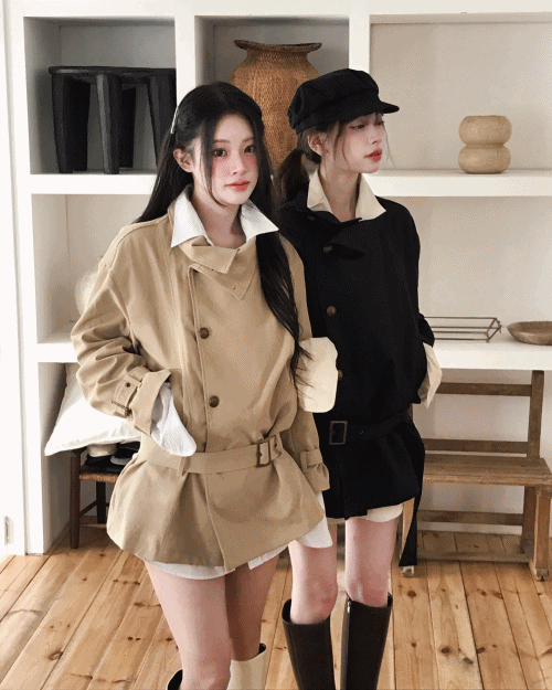 클라우드이모션 [ 두툼&따숩 ] 브론즈 하이 & 버클 트렌치 하프 CT ( 벨트 SET )