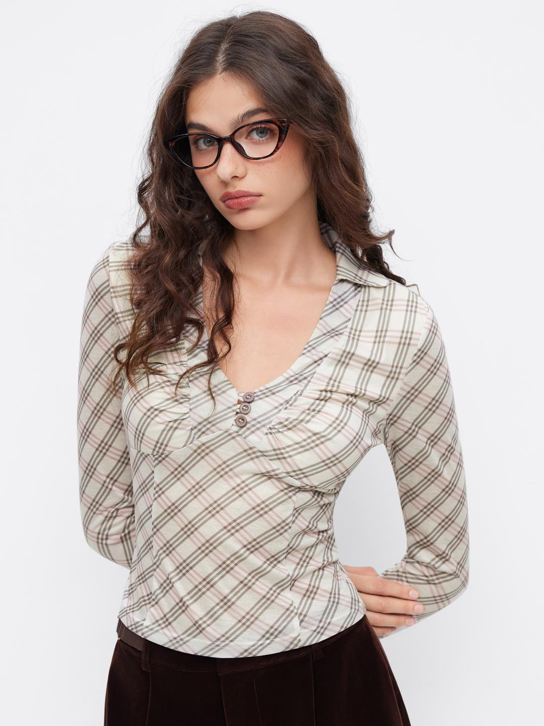 V-neck Plaid Ruched Long Sleeve Top