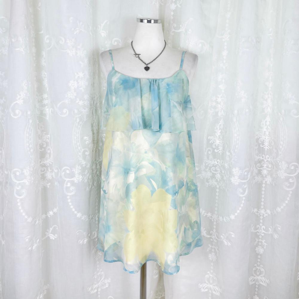 [중고] 897 하늘색 솜사탕 플라워 프릴 끈원피스