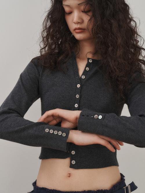 PETITE ROUND BUTTON CARDIGAN, GRAY