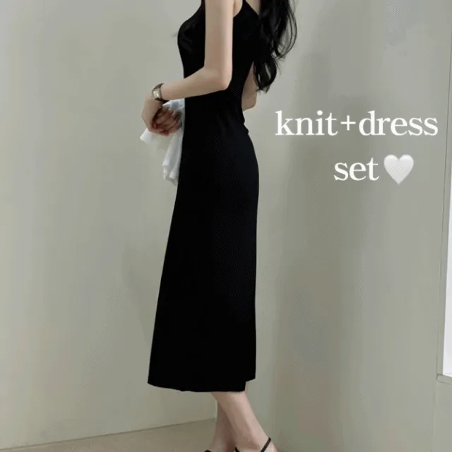 당일출고! [니트+원피스/MADE] 여름 반팔 크롭니트 + 롱원피스 set (3color)