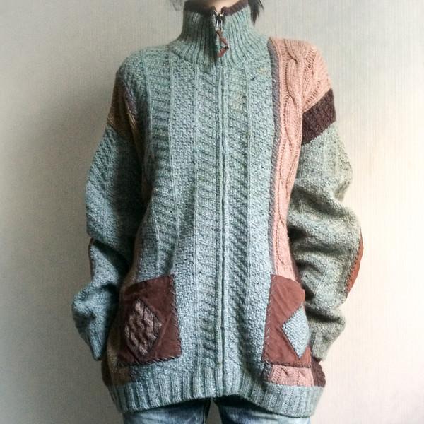 Patch work point woolen knit zip up