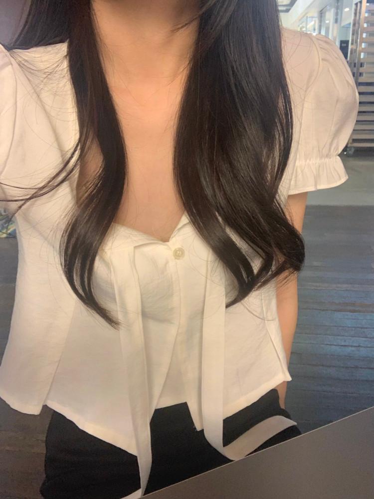 [르아브르][아이당일] 니어 타이 세미크롭 퍼프 블라우스, 여자 로브 하프 반팔블라우스