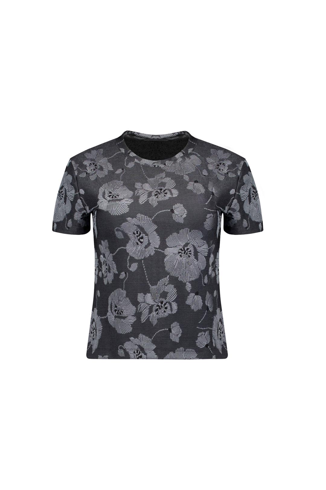FLORAL JACQUARD HALF-SLEEVE TOP (GRAY)