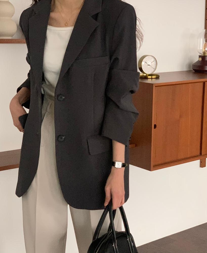 레이디 여성 봄 루즈핏 투버튼 베이직 데일리 테일러드 카라 무지 싱글 자켓