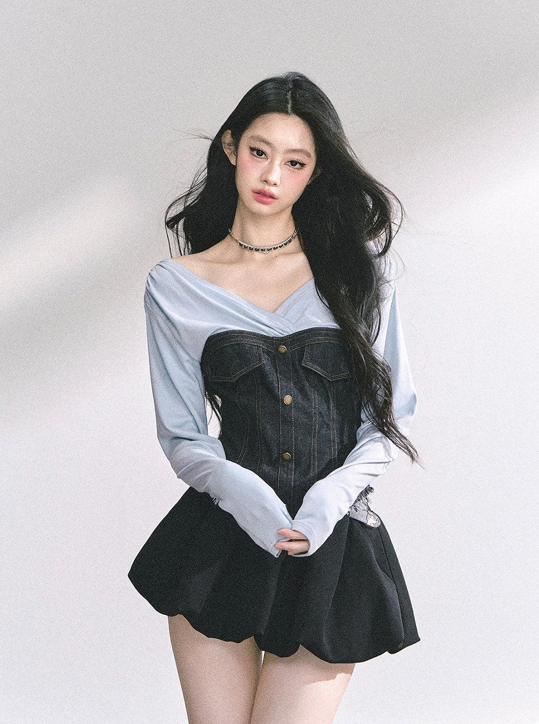 V-neck Cropped Denim T-shirt DIA0539