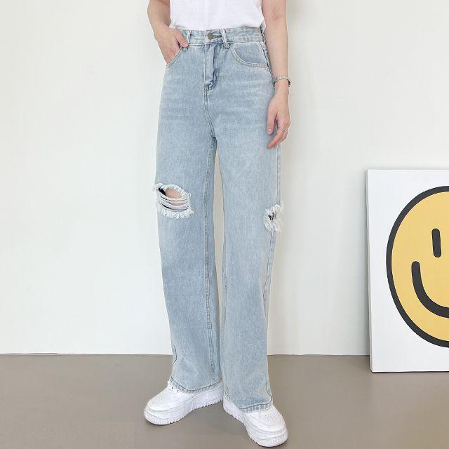 [당일] 찢청일자와이드 데님 와이드핏 하이웨스트 청바지 일자청바지 찢어진 청 키작녀 키큰녀 당일발송 연청와이드 @@10002