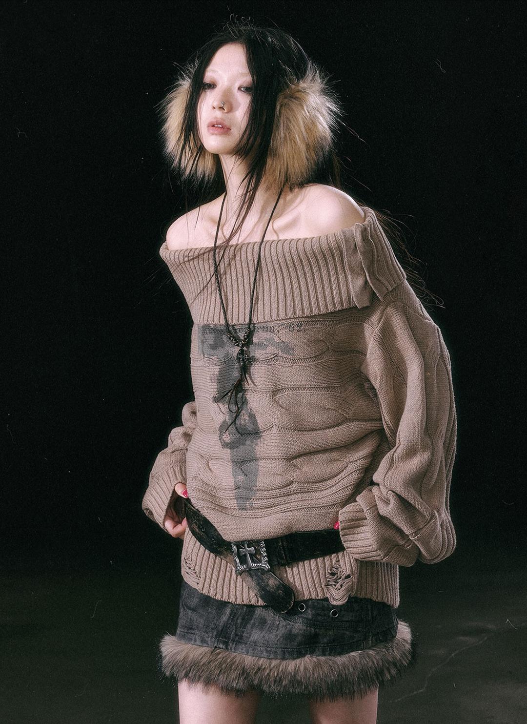 CestNous multi-wear  lapel shoulder print sweater