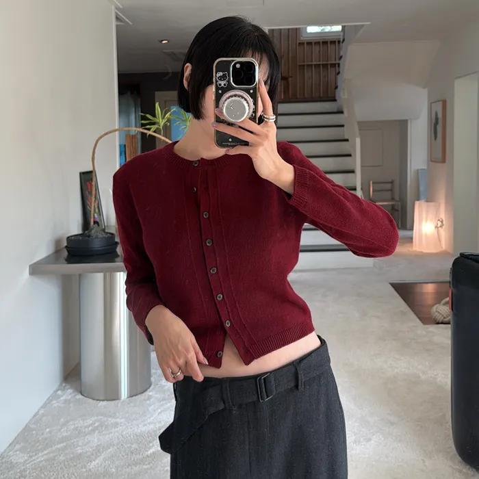 니들 리프트 라운드넥 니트 가디건_BURGUNDY