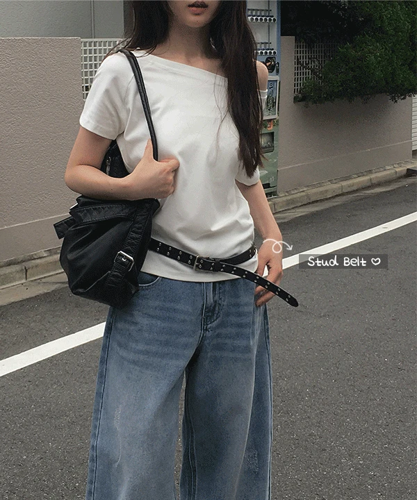 [레이어드🖤] 뉴타 실버 버클 스터드 레더 웨스턴 벨트 (2color)
