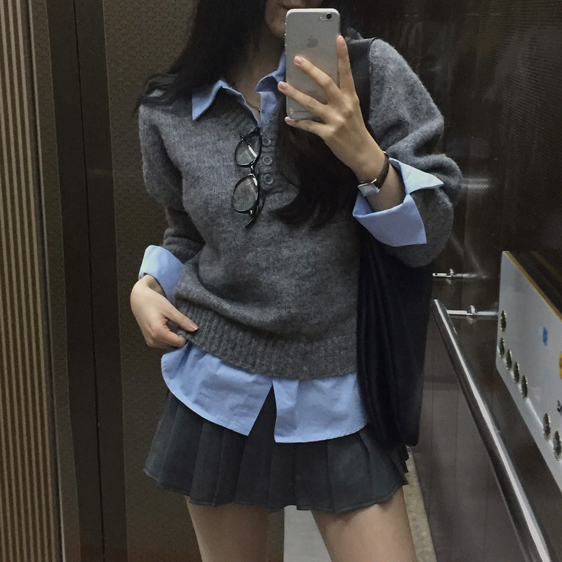 [문의대폭주/국내] 베렌 일체형 레이어드 셔츠 니트 - nt