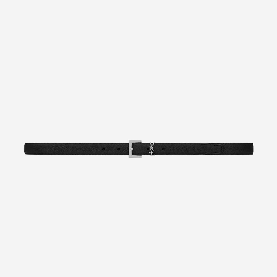 Saint Laurent Grained Leather Silver Monogram Slim Belt Black