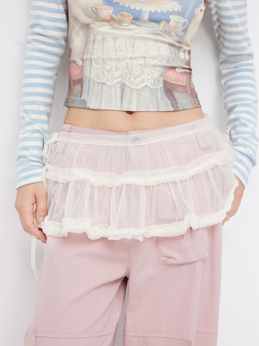 Mesh Low Rise Lettuce Trim Tiered Knotted Micro Mini Skirt