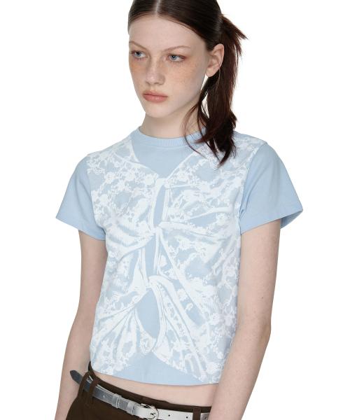 Lace Printing Layered T-shirt, SKY BLUE