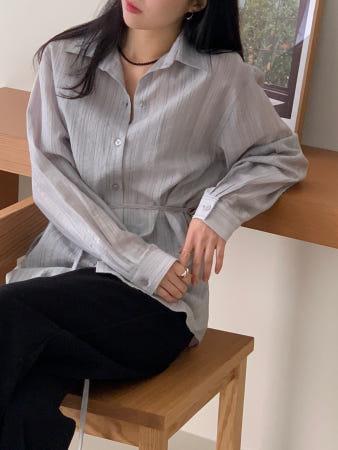 이런 상품 어때요? 텐셀블라우스 루즈핏 벨트 블라우스 그레이 시스루 셔츠