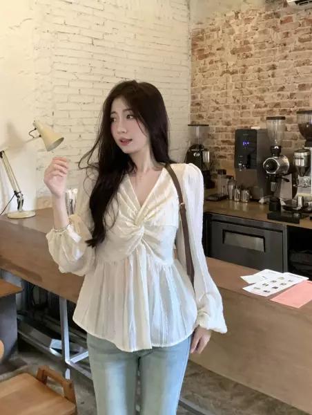 빅사이즈 블라우스 봄 브이넥 하객룩 뒷밴딩 꼬임