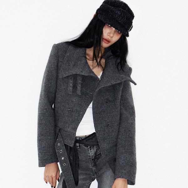 Double Belted High-Neck Coat (GREY)