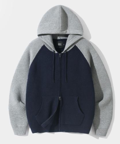 RAGLAN TWO-TONE KNIT HOODED ZIP-UP_NAVY&MELANGE