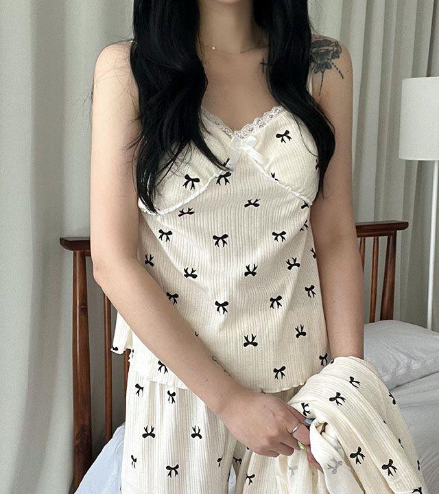 당일발송 3피스 세트 브라캡 나시 가디건 바지 리본패턴 파자마 잠옷 세트