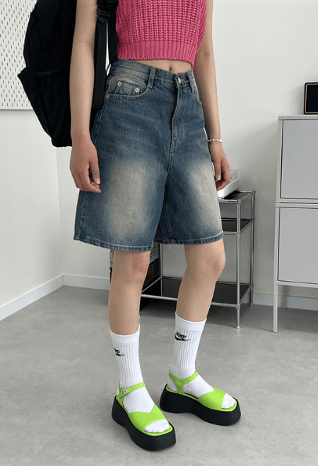 시와 4부 와이드 데님 팬츠